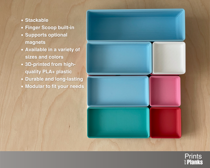 Image showing a list of features. Stackable, built-in finger scoop, support for optional magnets, available in a variety of sizes and colors, 3D printed from high-quality PLA+ plastic, durable and log-lasting, and modular to fit your needs